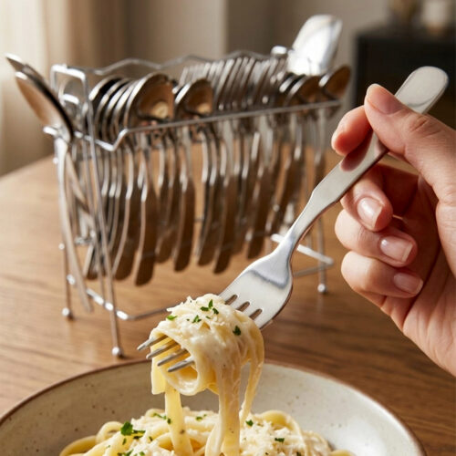 A complete 53-piece stainless steel cutlery set featuring various spoons, forks, and knives displayed on a wooden surface in 6.jpg, showcasing the polished finish and modern design.
