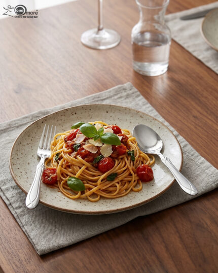 A fork and spoon from the 37-piece stainless steel cutlery set elegantly placed on a linen napkin next to a freshly served pasta dish.