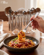 A high-quality 53-piece stainless steel cutlery set arranged elegantly on a dark wood background featuring various spoons, forks, and knives as displayed in 6.jpg.