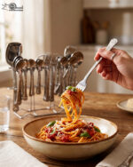 A complete 53-piece stainless steel dining cutlery set featuring spoons, forks, knives, and a serving stand displayed elegantly on a wooden background, as featured in 8.jpg.