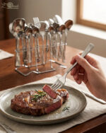 A high-quality 53-piece stainless steel cutlery set featuring elegant patterned handles, displayed on a grey fabric surface as shown in 9.jpg.