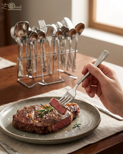 A high-quality 53-piece stainless steel cutlery set featuring elegant patterned handles, displayed on a grey fabric surface as shown in 9.jpg.