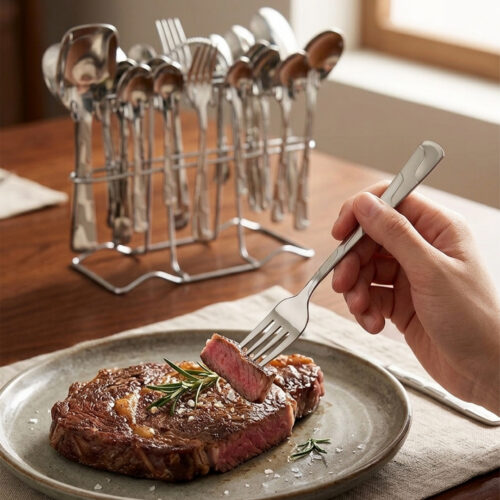 A high-quality 53-piece stainless steel cutlery set featuring elegant patterned handles, displayed on a grey fabric surface as shown in 9.jpg.
