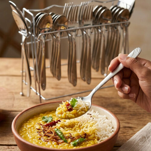 A high-angle view of a complete 53-piece stainless steel cutlery set arranged neatly on a wooden table, as displayed in 7.jpg