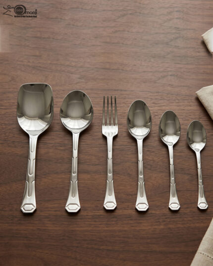 A complete 53-piece stainless steel dining cutlery set featuring spoons, forks, knives, and a serving stand displayed elegantly on a wooden background, as featured in 8.jpg.