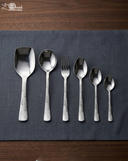 A high-quality 53-piece stainless steel cutlery set featuring elegant patterned handles, displayed on a grey fabric surface as shown in 9.jpg.