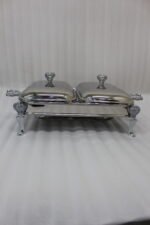 Double slot premium stainless steel chafing dish 1.5x2 liter buffet server on a wooden dining table.