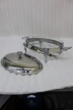 Premium 3-liter stainless steel chafing dish food warmer with decorative ornate stand on a luxury wooden dining table setup by One More.