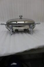 Premium 3-liter stainless steel chafing dish food warmer with decorative ornate stand on a luxury wooden dining table setup by One More.