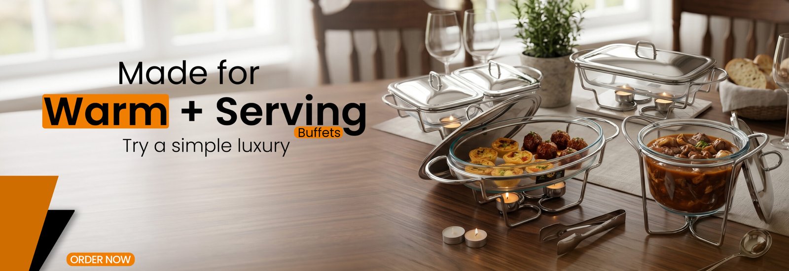 Buffet serving set on a wooden dining table featuring stainless steel buffet burners and glass warming dishes for elegant food service