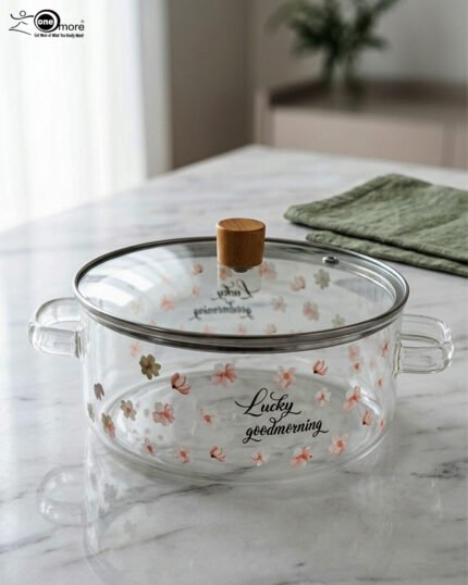 Alt Text: One More 2.5L square glass pot with floral prints, clear glass lid, and a wooden knob resting on a marble countertop.