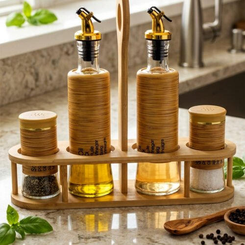 2.jpg shows a modern kitchen organizer set including two glass oil bottles with pourers and two salt/spice shakers, all encased in bamboo wood accents and held in a matching wooden stand.