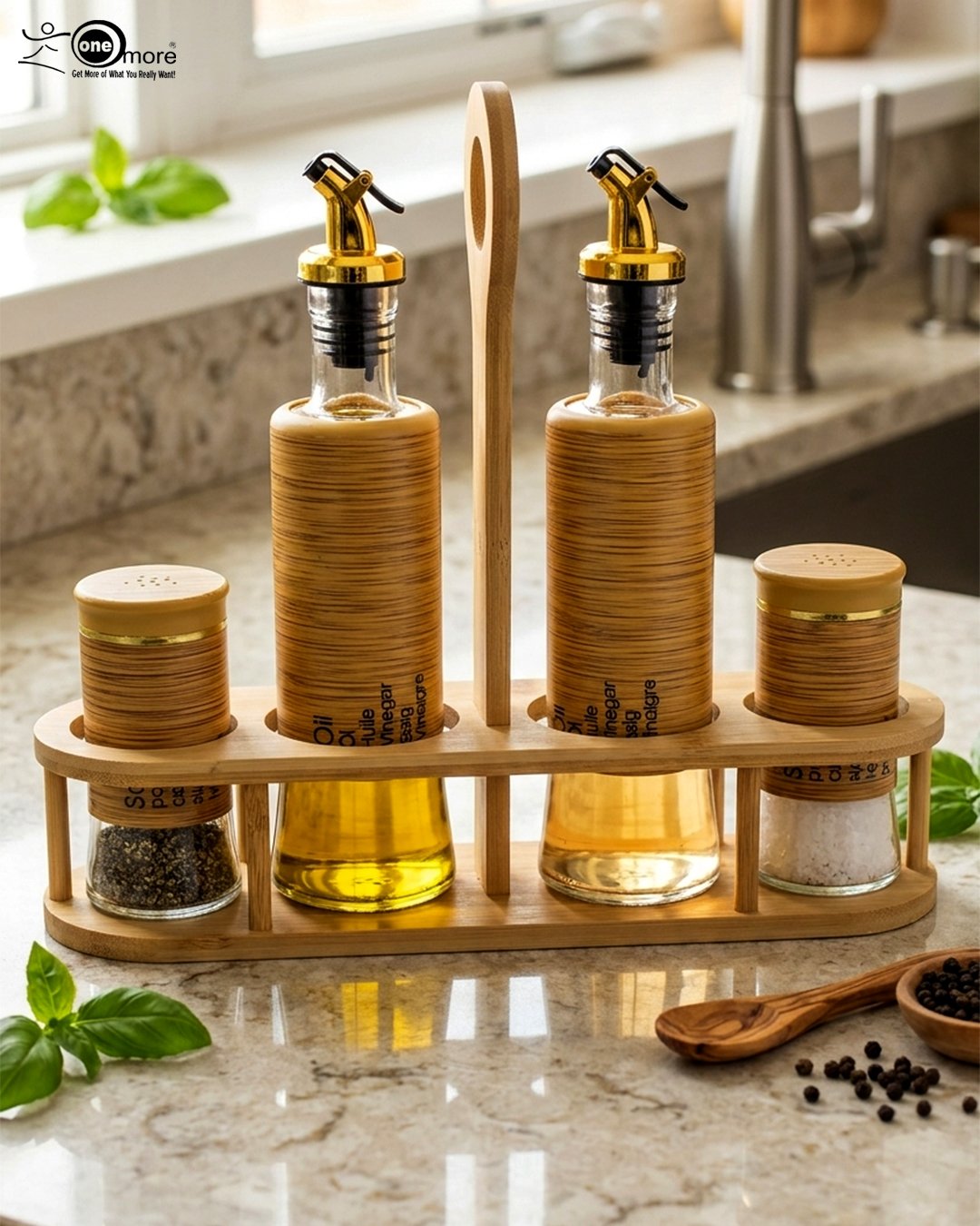 1 2.jpg shows a modern kitchen organizer set including two glass oil bottles with pourers and two salt/spice shakers, all encased in bamboo wood accents and held in a matching wooden stand.