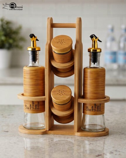 A stylish set of two glass oil dispensers and two salt shakers housed in a bamboo wooden stand, as seen in 1.jpg.