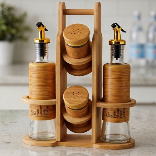 A stylish set of two glass oil dispensers and two salt shakers housed in a bamboo wooden stand, as seen in 1.jpg.