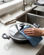 A premium 26cm non-stick granite pot made in Turkey, displayed on a kitchen counter with a matching glass lid and a spatula, available at OneMore.