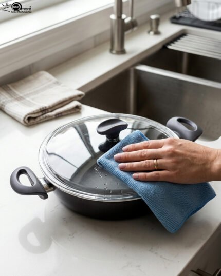 A premium 26cm non-stick granite pot made in Turkey, displayed on a kitchen counter with a matching glass lid and a spatula, available at OneMore.