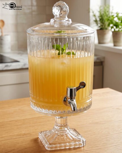Elegant 4.5 Liter ribbed glass beverage dispenser with a silver spigot and decorative stand, filled with water, lemon slices, blueberries, and mint leaves on an outdoor wooden table, as shown in 2.jpg.