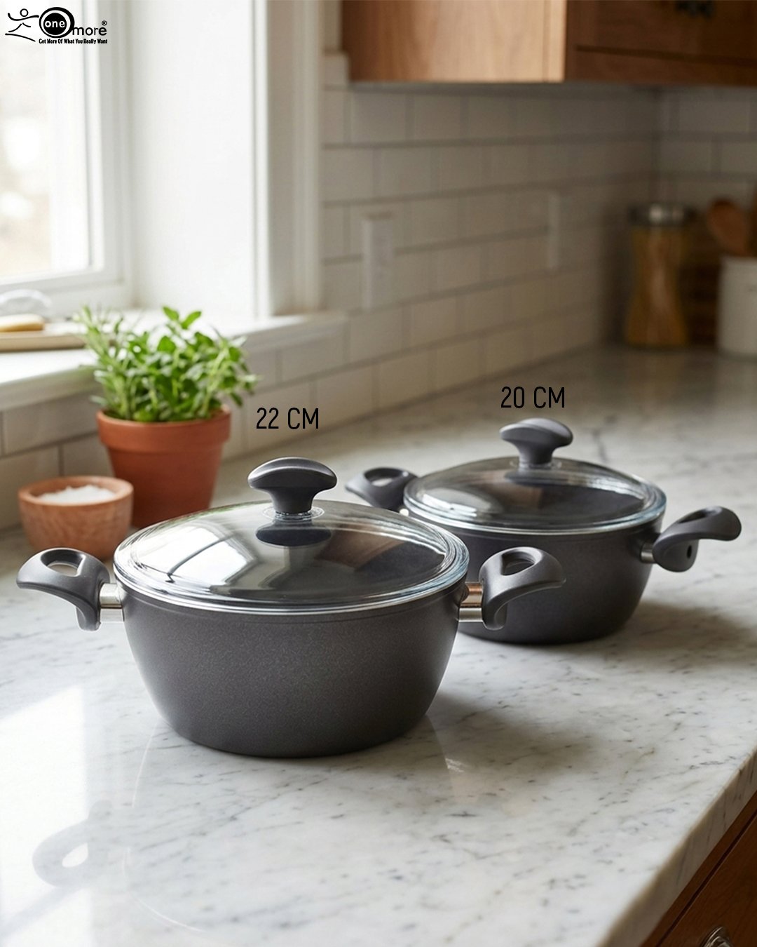 1 A pair of premium diamond-infused non-stick cooking pots in 20cm and 22cm sizes, made in Turkey, displayed on a marble kitchen countertop.