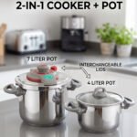 Turkish 2-in-1 non-stick steel cooker set featuring a 7L pressure pot and a 4L cooking pot with interchangeable lids, displayed on a kitchen counter.