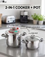 Turkish 2-in-1 non-stick steel cooker set featuring a 7L pressure pot and a 4L cooking pot with interchangeable lids, displayed on a kitchen counter.