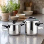 A 2-in-1 set of Turkish-made non-stick steel cookers featuring a 6-liter pot and an 8-liter pressure cooker on a kitchen countertop.