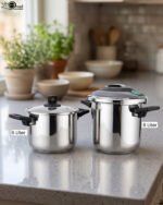 A 2-in-1 set of Turkish-made non-stick steel cookers featuring a 6-liter pot and an 8-liter pressure cooker on a kitchen countertop.