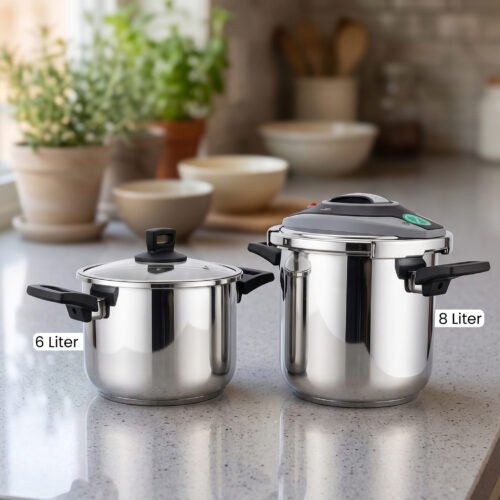 A 2-in-1 set of Turkish-made non-stick steel cookers featuring a 6-liter pot and an 8-liter pressure cooker on a kitchen countertop.