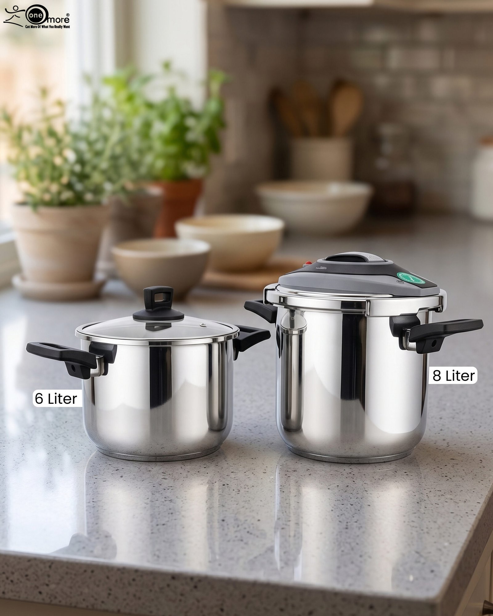 1 A 2-in-1 set of Turkish-made non-stick steel cookers featuring a 6-liter pot and an 8-liter pressure cooker on a kitchen countertop.