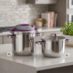 A 2-in-1 non-stick stainless steel cooker set in 6L and 8L sizes, made in Turkey, displayed on a kitchen counter, available at OneMore.
