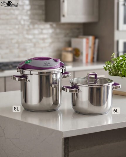 A 2-in-1 non-stick stainless steel cooker set in 6L and 8L sizes, made in Turkey, displayed on a kitchen counter, available at OneMore.