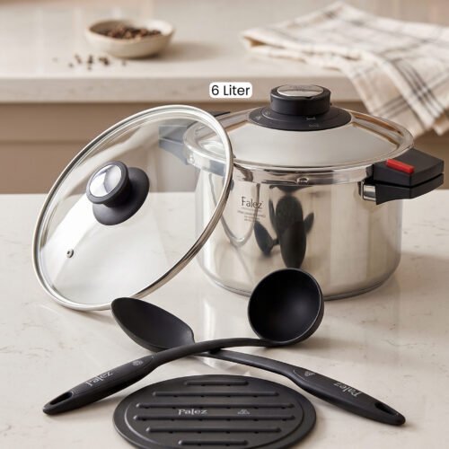Falez 6L non-stick stainless steel 6-piece cooker set featuring a pot, lid, two spoons, and a heat-resistant table pad on a countertop.