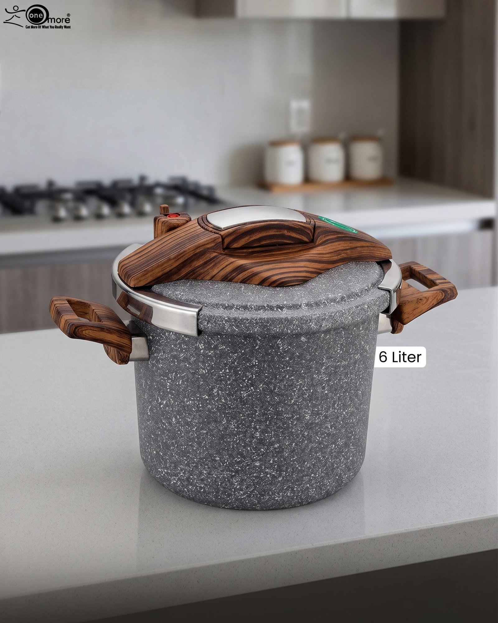 1 6L Turkish non-stick granite cooker with wood-finish handles and lid, showcased in a modern kitchen setting at OneMore.
