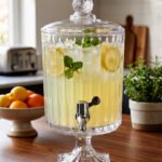 Elegant 4.5L glass beverage dispenser filled with iced lemonade and mint, resting on a pedestal stand on a wooden kitchen counter.