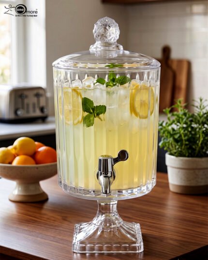 Elegant 4.5L glass beverage dispenser filled with iced lemonade and mint, resting on a pedestal stand on a wooden kitchen counter.