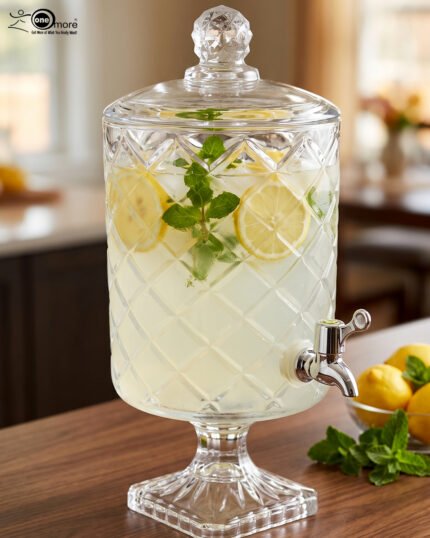 Elegant 4.5-liter diamond-cut glass beverage dispenser filled with infused lemon and cucumber water on an outdoor garden party table, featured in 2.jpg.