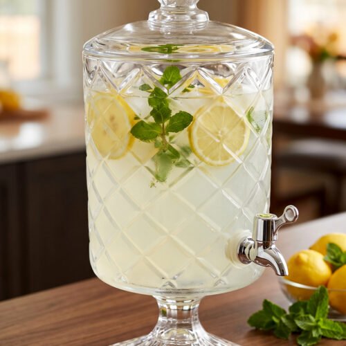 Elegant 4.5-liter diamond-cut glass beverage dispenser filled with infused lemon and cucumber water on an outdoor garden party table, featured in 2.jpg.