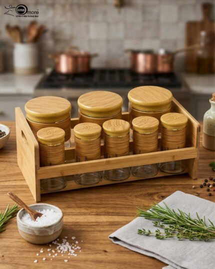 A high-angle view of a glass spice jar and salt shaker set held within a natural bamboo wooden stand, displayed on a rustic wooden table with fresh herbs.