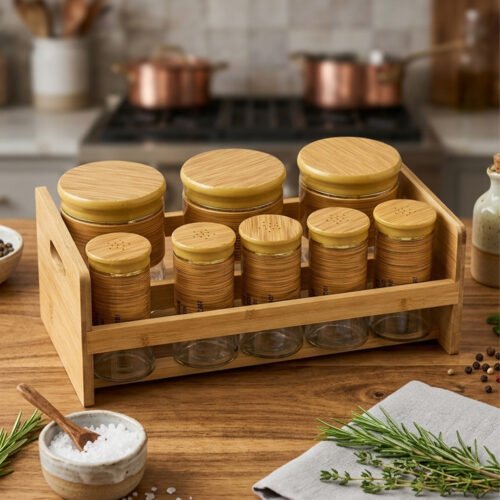 A high-angle view of a glass spice jar and salt shaker set held within a natural bamboo wooden stand, displayed on a rustic wooden table with fresh herbs.