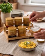 A set of six glass spice jars with wooden-look lids arranged on a matching tiered wooden stand, sitting on a kitchen countertop.