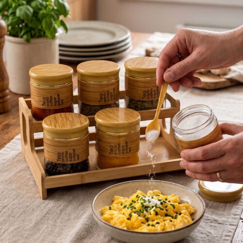 A set of six glass spice jars with wooden-look lids arranged on a matching tiered wooden stand, sitting on a kitchen countertop.
