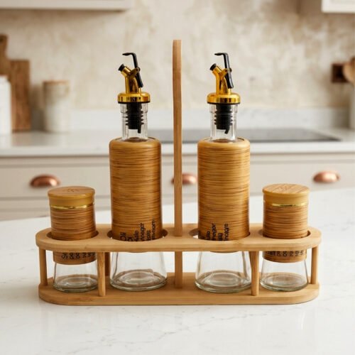 2.jpg shows a modern kitchen organizer set including two glass oil bottles with pourers and two salt/spice shakers, all encased in bamboo wood accents and held in a matching wooden stand.