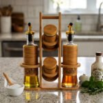 A stylish set of two glass oil dispensers and two salt shakers housed in a bamboo wooden stand, as seen in 1.jpg.