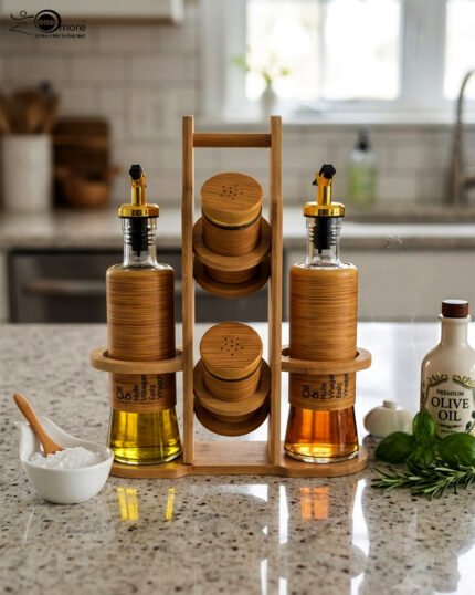 A stylish set of two glass oil dispensers and two salt shakers housed in a bamboo wooden stand, as seen in 1.jpg.