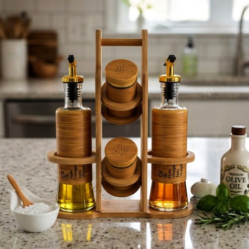 A stylish set of two glass oil dispensers and two salt shakers housed in a bamboo wooden stand, as seen in 1.jpg.