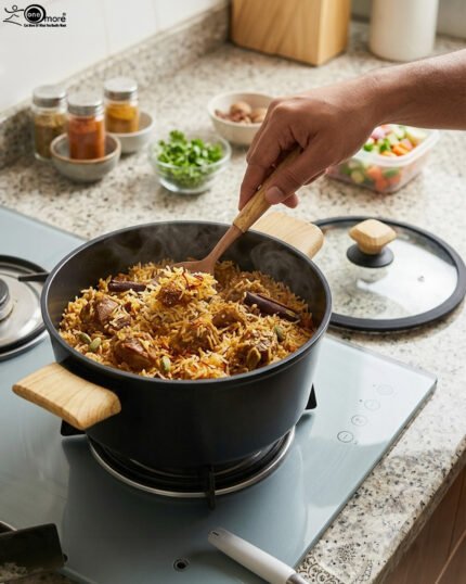 Set of four premium Turkish diamond-infused non-stick pots in sizes 20cm, 22cm, 24cm, and 26cm displayed on a kitchen counter, available at OneMore Pakistan.