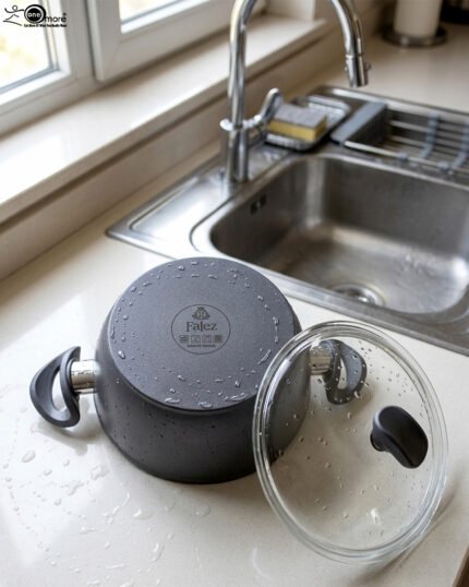 A pair of premium diamond-infused non-stick cooking pots in 20cm and 22cm sizes, made in Turkey, displayed on a marble kitchen countertop.