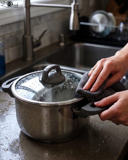 Turkish 2-in-1 non-stick steel cooker set featuring a 7L pressure pot and a 4L cooking pot with interchangeable lids, displayed on a kitchen counter.