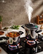 A 2-in-1 set of Turkish-made non-stick steel cookers featuring a 6-liter pot and an 8-liter pressure cooker on a kitchen countertop.
