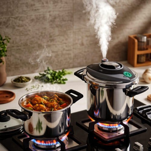 A 2-in-1 set of Turkish-made non-stick steel cookers featuring a 6-liter pot and an 8-liter pressure cooker on a kitchen countertop.